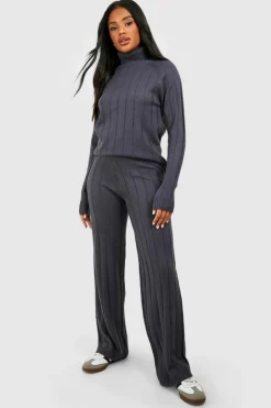 Knitted Co-Ords|Knitwear*boohoo Wide Rib Roll Neck & Trouser Knitted Co-ord charcoal