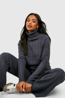 Knitted Co-Ords|Knitwear*boohoo Wide Rib Roll Neck & Trouser Knitted Co-ord charcoal