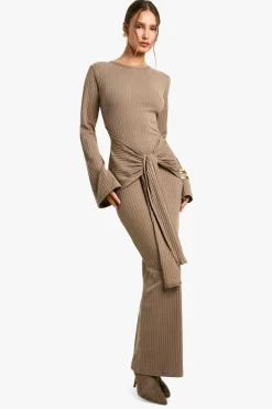 Maxi Dresses*boohoo Wide Rib Ruched Tie Maxi Dress taupe