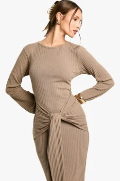 Maxi Dresses*boohoo Wide Rib Ruched Tie Maxi Dress taupe