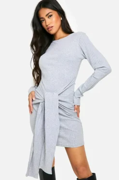 Bodycon Dresses*boohoo Wide Rib Ruched Tie Mini Dress grey marl