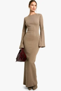 Maxi Dresses*boohoo Wide Rib Tie Back Flare Sleeve Maxi Dress taupe