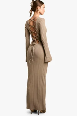 Maxi Dresses*boohoo Wide Rib Tie Back Flare Sleeve Maxi Dress taupe
