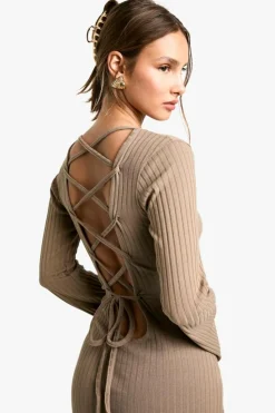 Maxi Dresses*boohoo Wide Rib Tie Back Flare Sleeve Maxi Dress taupe