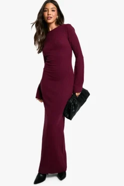 Maxi Dresses*boohoo Wide Rib Tie Back Flare Sleeve Maxi Dress merlot