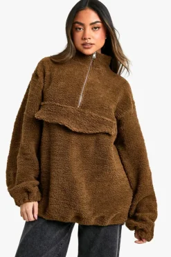 Sweatshirts|Hoodies & Sweatshirts*boohoo WIDE SLEEVE POCKET DETAIL KANGAROO POCKET HALF ZIP OVERSIZED WEATSHIRT taupe