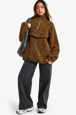 Sweatshirts|Hoodies & Sweatshirts*boohoo WIDE SLEEVE POCKET DETAIL KANGAROO POCKET HALF ZIP OVERSIZED WEATSHIRT taupe