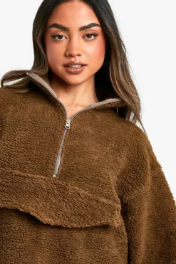Sweatshirts|Hoodies & Sweatshirts*boohoo WIDE SLEEVE POCKET DETAIL KANGAROO POCKET HALF ZIP OVERSIZED WEATSHIRT taupe