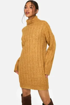 Jumper Dresses|Jumper Dresses*boohoo Wide Soft Rib Roll Neck Jumper Dress mustard