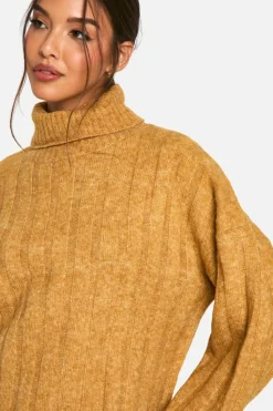 Jumper Dresses|Jumper Dresses*boohoo Wide Soft Rib Roll Neck Jumper Dress mustard