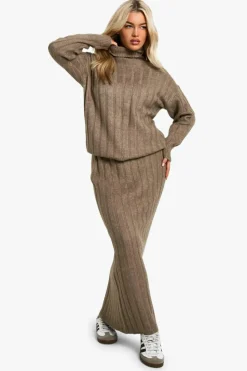 Knitted Co-Ords|Skirts*boohoo Wide Soft Rib Roll Neck Jumper And Maxi Skirt Co-ord mocha