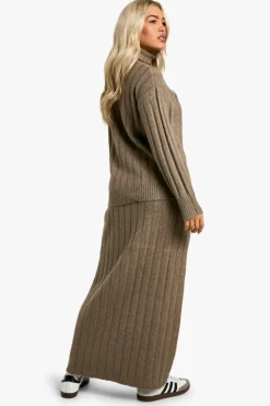 Knitted Co-Ords|Skirts*boohoo Wide Soft Rib Roll Neck Jumper And Maxi Skirt Co-ord mocha