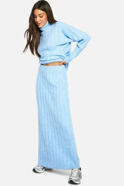 Knitted Co-Ords|Up To 80% Off Winter Warmers*boohoo Wide Soft Rib Roll Neck Jumper And Maxi Skirt Co-ord sky blue