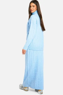 Knitted Co-Ords|Up To 80% Off Winter Warmers*boohoo Wide Soft Rib Roll Neck Jumper And Maxi Skirt Co-ord sky blue