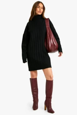 Jumper Dresses|Jumper Dresses*boohoo Wide Soft Rib Roll Neck Jumper Dress black