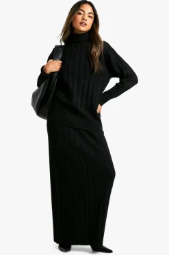 Knitted Co-Ords|Bottoms*boohoo Wide Soft Rib Roll Neck Jumper And Maxi Skirt Co-ord black
