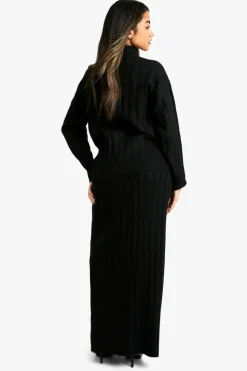 Knitted Co-Ords|Bottoms*boohoo Wide Soft Rib Roll Neck Jumper And Maxi Skirt Co-ord black