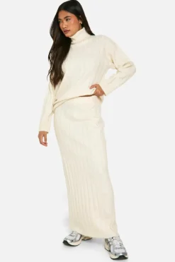 Knitted Co-Ords|Bottoms*boohoo Wide Soft Rib Roll Neck Jumper And Maxi Skirt Co-ord ecru