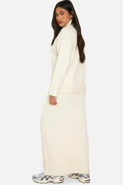 Knitted Co-Ords|Bottoms*boohoo Wide Soft Rib Roll Neck Jumper And Maxi Skirt Co-ord ecru