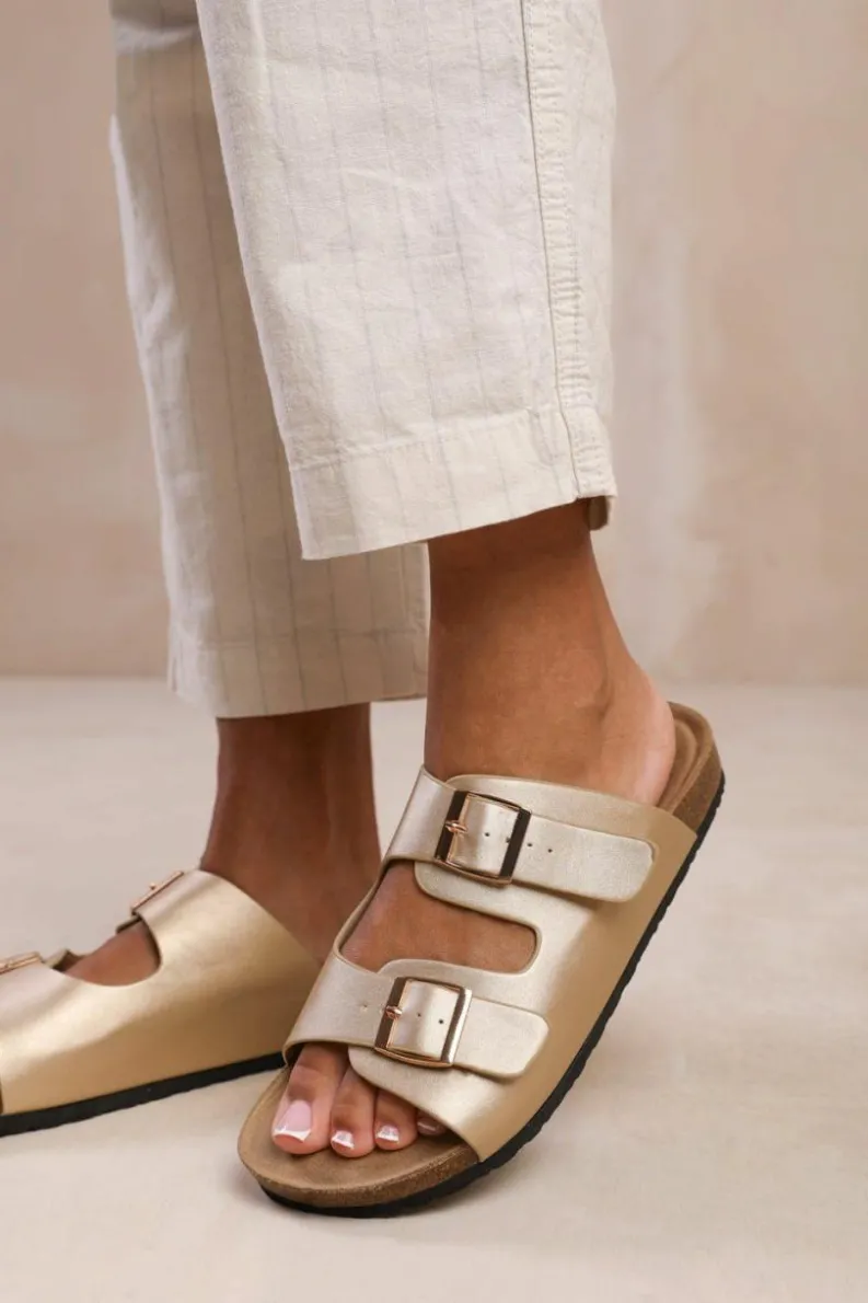 Sandals*Where's That From Willow' Two Strap Flat Sandals With Buckle Detail Gold