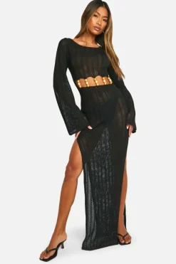 Jumper Dresses|Jumper Dresses*boohoo Wooden Bead Cut Out Detail Crochet Maxi Dress black