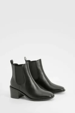 Heels|Heeled Boots*boohoo Wooden Block Heel Tab Detail Shoe Boots black