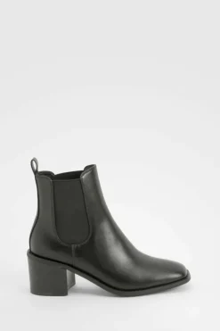 Heels|Heeled Boots*boohoo Wooden Block Heel Tab Detail Shoe Boots black