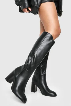 Over The Knee Boots|Knee High Boots*boohoo Wooden Stack Heel Detail Knee High Boots black
