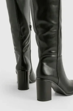 Over The Knee Boots|Knee High Boots*boohoo Wooden Stack Heel Detail Knee High Boots black