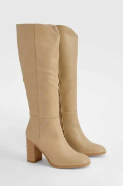 Over The Knee Boots|Knee High Boots*boohoo Wooden Stack Heel Detail Knee High Boots nude