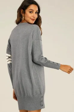 Jumper Dresses|Jumper Dresses*FS Collection Wool Knitted Tunic Jumper Dress With White Stripe Grey