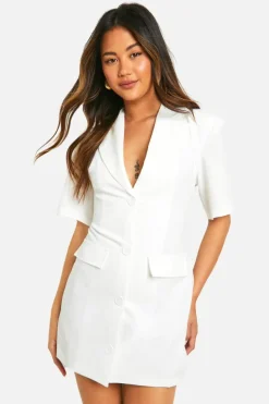 Blazer Dresses*boohoo Woven Short Sleeve Plunge Blazer Dress white