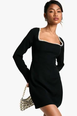 Mini Dresses|Long Sleeve Dresses*boohoo Woven Crepe Pearl Trim Square Neck Structured Mini Dress black