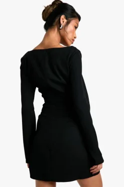 Mini Dresses|Long Sleeve Dresses*boohoo Woven Crepe Pearl Trim Square Neck Structured Mini Dress black