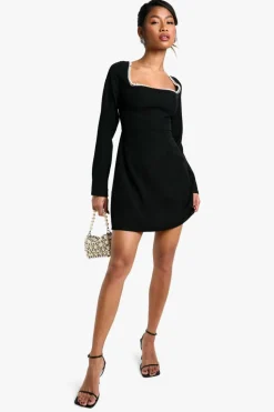 Mini Dresses|Long Sleeve Dresses*boohoo Woven Crepe Pearl Trim Square Neck Structured Mini Dress black