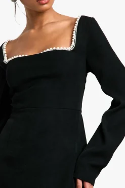 Mini Dresses|Long Sleeve Dresses*boohoo Woven Crepe Pearl Trim Square Neck Structured Mini Dress black