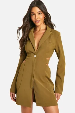 Blazer Dresses*boohoo Woven Cut Out Waist Blazer Dress khaki