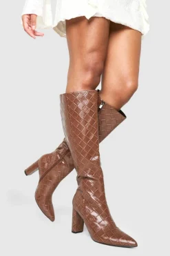 Heels|Over The Knee Boots*boohoo Woven Detail Block Heeled Knee High Boots chocolate