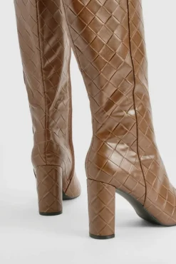Heels|Over The Knee Boots*boohoo Woven Detail Block Heeled Knee High Boots chocolate