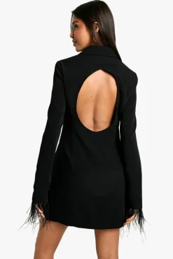 Blazer Dresses*boohoo Woven Feather Cuff Open Back Blazer Dress black