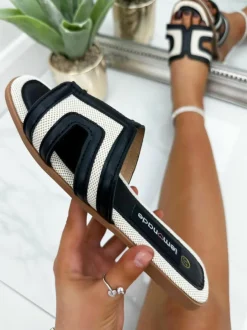 Sandals*Love Lemonade Woven H Cut Out Sliders Black Beige
