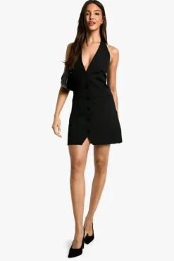 Mini Dresses|Suits & Tailoring*boohoo Woven Halterneck Button Up Mini Dress black