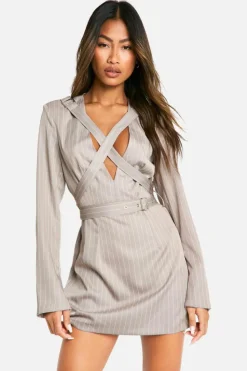 Blazer Dresses*boohoo Woven Pinstripe Strap Detail Blazer Dress grey