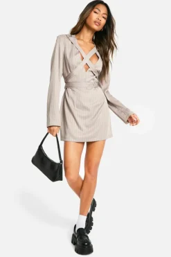 Blazer Dresses*boohoo Woven Pinstripe Strap Detail Blazer Dress grey