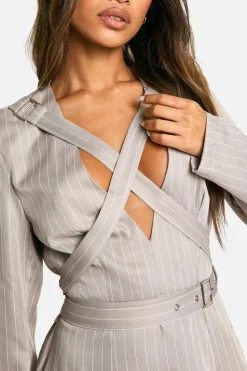 Blazer Dresses*boohoo Woven Pinstripe Strap Detail Blazer Dress grey