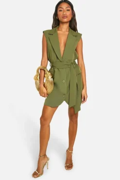 Blazer Dresses*boohoo Woven Sleeveless Blazer Dress khaki