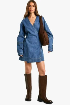 Wrap Dresses|Denim*boohoo Wrap Denim Belted Dress mid wash