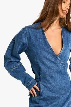 Wrap Dresses|Denim*boohoo Wrap Denim Belted Dress mid wash