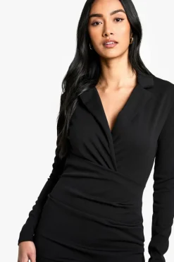 Blazer Dresses|Wrap Dresses*boohoo Wrap Detail Fitted Blazer Midi Dress black