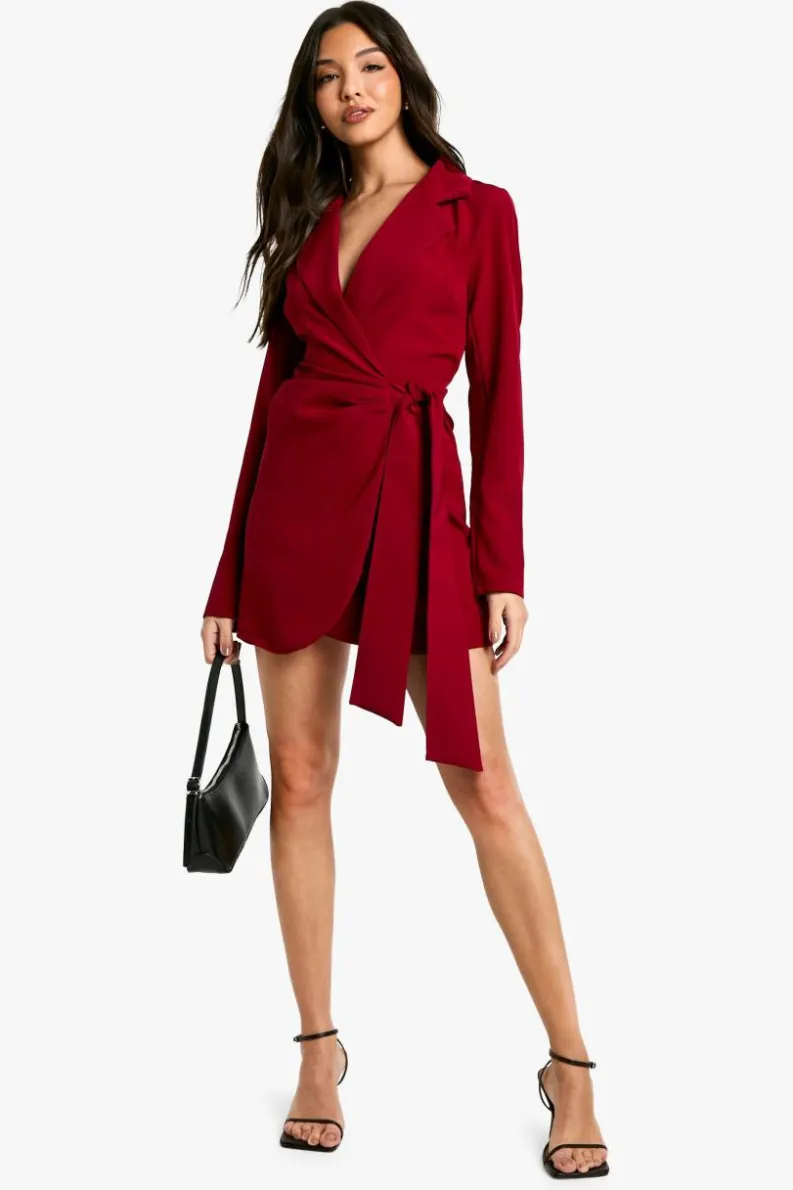 Blazer Dresses|Wrap Dresses*boohoo Wrap Drape Front Tailored Blazer Dress berry